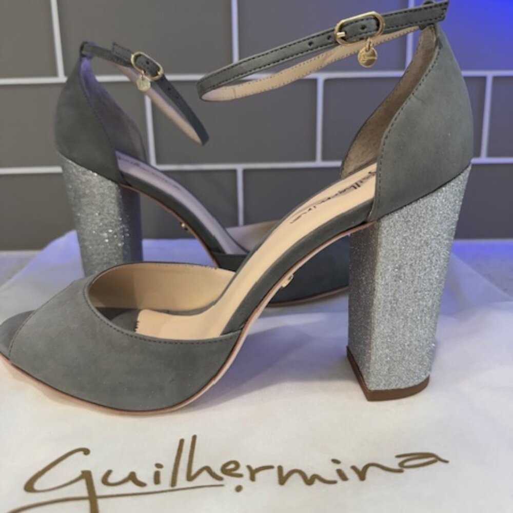 Guilhermina Grey Suede & Glitter Ankle-Strap Open-Toe Pumps in Size 41
